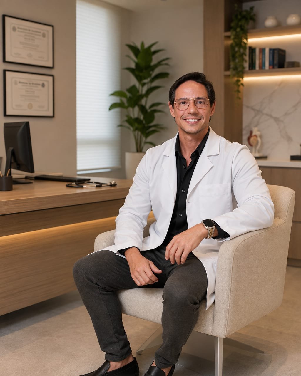 Frederico Cruvinel, de jaleco branco, em consultório